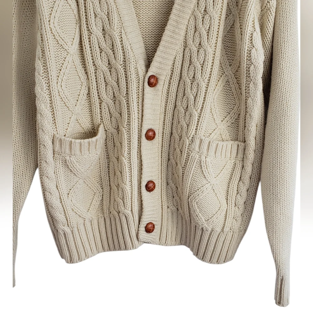 Oakton Limited 90s Chunky Cable Knit Cable Cardigan Sweater Beige Sz M Grandpa